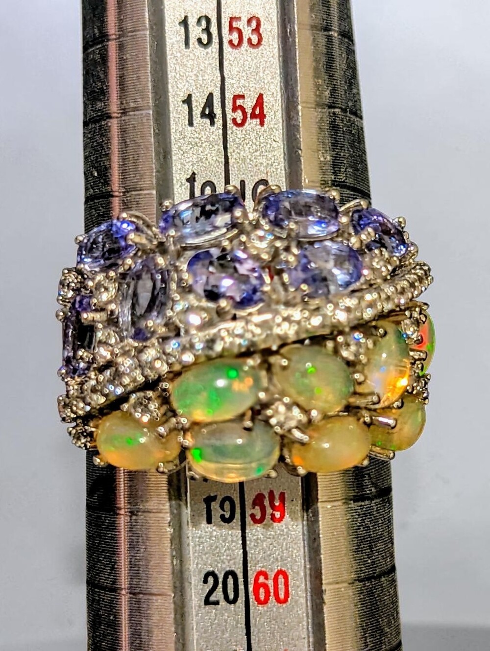 Opal and Tanzanite Multi-Stone Cluster Ring With Center Band Of white Topaz